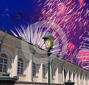 Fireworks over the Manege Exhibition Hall Manege Square near the Kremlin, Moscow. Russia