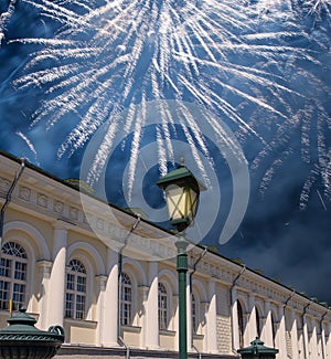 Fireworks over the Manege Exhibition Hall Manege Square near the Kremlin, Moscow. Russia
