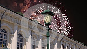 Fireworks over the Manege Exhibition Hall Manege Square near the Kremlin, Moscow. Russia