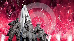 Fireworks over the Monument to countries of anti-Hitler coalition, Alley Partisan in Victory Park on Poklonnaya hill, Moscow