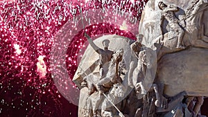 Fireworks over the Monument to the heroes First World War in Victory Park on Poklonnaya Hill, Moscow, Russia