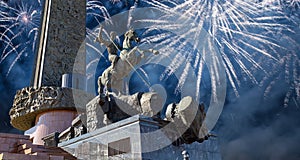 Fireworks over the Monument to Saint George slaying a dragon on Poklonnaya hill in Victory Park,Moscow,Russia