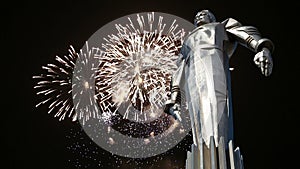 Fireworks over the Monument to Yuri Gagarin 42.5-meter high pedestal and statue, the first person to travel in space. Moscow