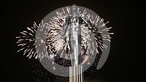 Fireworks over the Monument to Yuri Gagarin 42.5-meter high pedestal and statue, the first person to travel in space. Moscow