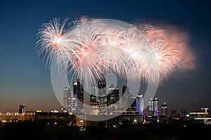 Fireworks over Moscow city skyscapers