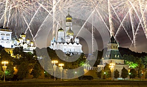 Fireworks over the Moscow Kremlin and the Moscow river. Moscow, Russia