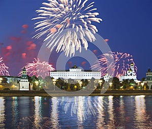 Fireworks over the Moscow Kremlin and the Moscow river. Moscow, Russia