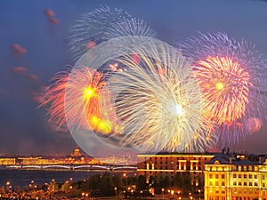 Fireworks over Neva river scape. Saint Petersburg, Russia