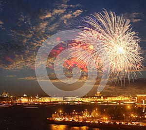 Fireworks over Neva river scape. Saint Petersburg, Russia