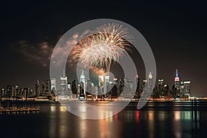 Fireworks Over New York City at Night, AI Generated Illustration. Generative AI