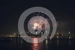 Fireworks Over New York City at Night, AI Generated Illustration. Generative AI