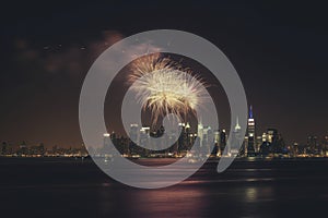 Fireworks Over New York City at Night, AI Generated Illustration. Generative AI