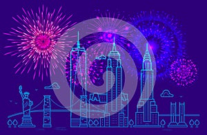 Fireworks over New York. Line New York vector design. Happy independence day 4th July background