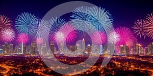 fireworks over Night city. Metropolitan city at night. Panoramic view on fireworks with urban cityscape skyline night scene. image