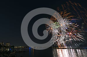 Fireworks over the ocean in the big city, silhouettes of people