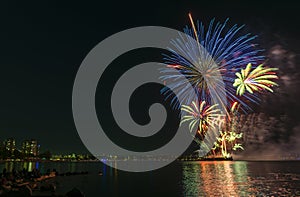 Fireworks over the ocean in the big city, silhouettes of people