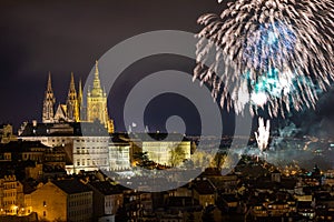 Fireworks over the Old Town of Prague, Czech Republic. New Year fireworks in Prague, Czechia. Prague fireworks during New Year