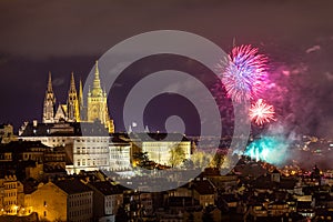 Fireworks over the Old Town of Prague, Czech Republic. New Year fireworks in Prague, Czechia. Prague fireworks during New Year