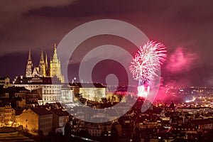 Fireworks over the Old Town of Prague, Czech Republic. New Year fireworks in Prague, Czechia. Prague fireworks during New Year