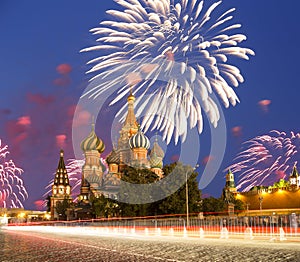 Fireworks over the Saint Basil cathedral Temple of Basil the Blessed, Red Square, Moscow, Russia