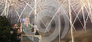 Fireworks over the Saint Basil cathedral Temple of Basil the Blessed, Red Square, Moscow, Russia