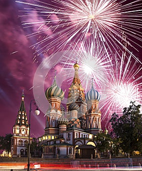 Fireworks over the Saint Basil cathedral Temple of Basil the Blessed, Red Square, Moscow, Russia