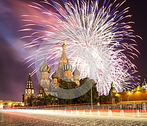 Fireworks over the Saint Basil cathedral Temple of Basil the Blessed, Red Square, Moscow, Russia