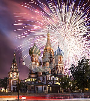 Fireworks over the Saint Basil cathedral Temple of Basil the Blessed, Red Square, Moscow, Russia