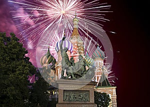 Fireworks over the Saint Basil cathedral Temple of Basil the Blessed, Red Square, Moscow, Russia