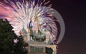 Fireworks over the Saint Basil cathedral Temple of Basil the Blessed, Red Square, Moscow, Russia