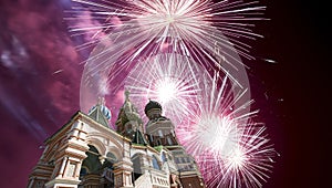 Fireworks over the Saint Basil cathedral Temple of Basil the Blessed, Red Square, Moscow, Russia