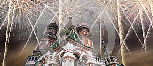 Fireworks over the Saint Basil cathedral Temple of Basil the Blessed, Red Square, Moscow, Russia