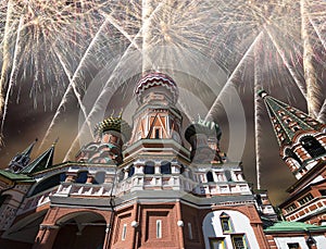 Fireworks over the Saint Basil cathedral Temple of Basil the Blessed, Red Square, Moscow, Russia