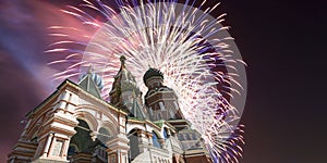 Fireworks over the Saint Basil cathedral Temple of Basil the Blessed, Red Square, Moscow, Russia