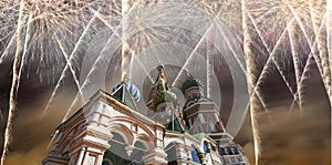 Fireworks over the Saint Basil cathedral Temple of Basil the Blessed, Red Square, Moscow, Russia