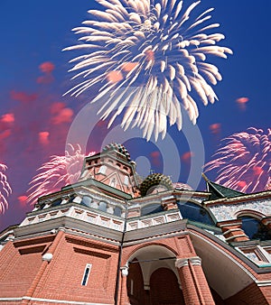 Fireworks over the Saint Basil cathedral Temple of Basil the Blessed, Red Square, Moscow, Russia