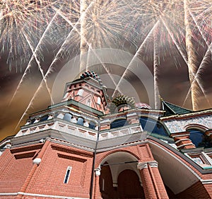 Fireworks over the Saint Basil cathedral Temple of Basil the Blessed, Red Square, Moscow, Russia