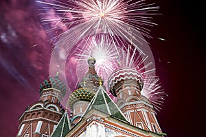 Fireworks over the Saint Basil cathedral Temple of Basil the Blessed, Red Square, Moscow, Russia