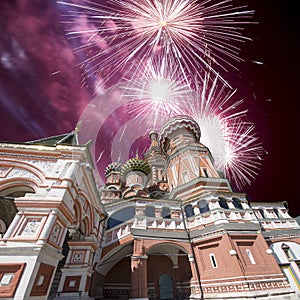 Fireworks over the Saint Basil cathedral Temple of Basil the Blessed, Red Square, Moscow, Russia