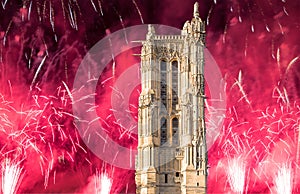 fireworks over the Saint-Jacques Tower (Tour Saint-Jacques). Paris, France