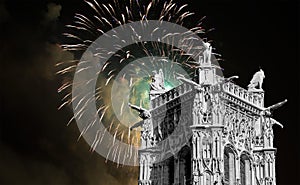 fireworks over the Saint-Jacques Tower (Tour Saint-Jacques). Paris, France