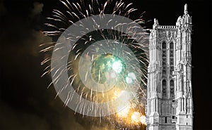 fireworks over the Saint-Jacques Tower (Tour Saint-Jacques). Paris, France