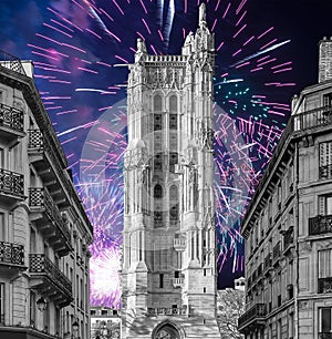 fireworks over the Saint-Jacques Tower (Tour Saint-Jacques). Paris, France