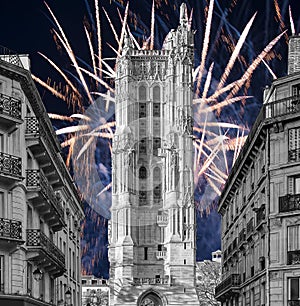 fireworks over the Saint-Jacques Tower (Tour Saint-Jacques). Paris, France