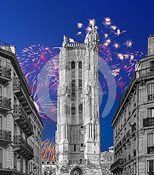 fireworks over the Saint-Jacques Tower (Tour Saint-Jacques). Paris, France