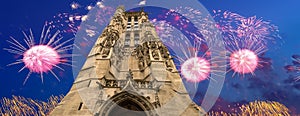 fireworks over the Saint-Jacques Tower (Tour Saint-Jacques). Paris, France