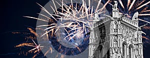 fireworks over the Saint-Jacques Tower (Tour Saint-Jacques). Paris, France