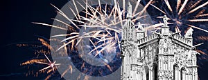 fireworks over the Saint-Jacques Tower (Tour Saint-Jacques). Paris, France