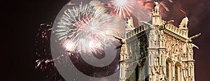 fireworks over the Saint-Jacques Tower (Tour Saint-Jacques). Paris, France