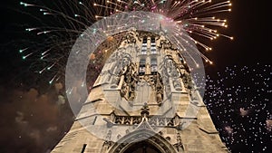 fireworks over the Saint-Jacques Tower (Tour Saint-Jacques). Paris, France.